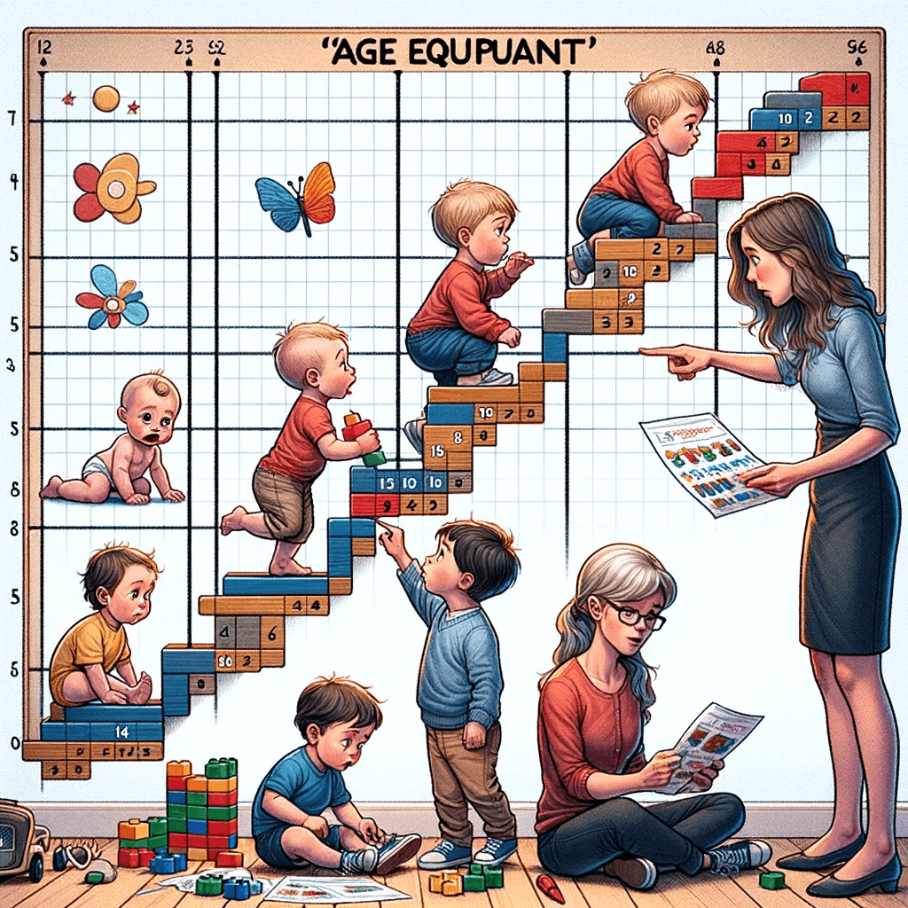 DALL·E 2023 12 13 18.13.18 An illustration depicting the concept of Age Equivalent in psychological testing. The image shows a timeline or growth chart with various milestones 3